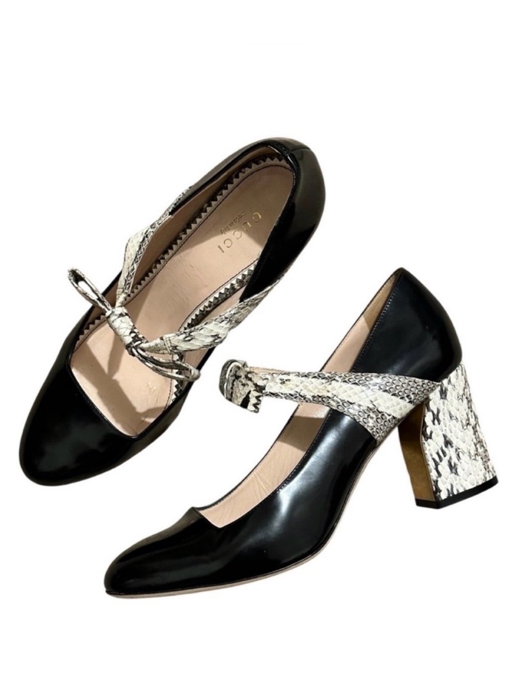 GUCCI Nimue Black Snakeskin Bow Leather Mary Jane Block Heel Pumps
